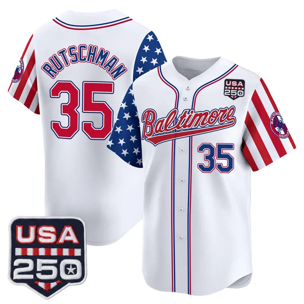 Elroe B.Orioles #35 Adley Rutschman White USA 250 Independence Day Vapor Premier Limited Home Game Stitched Jerseys
