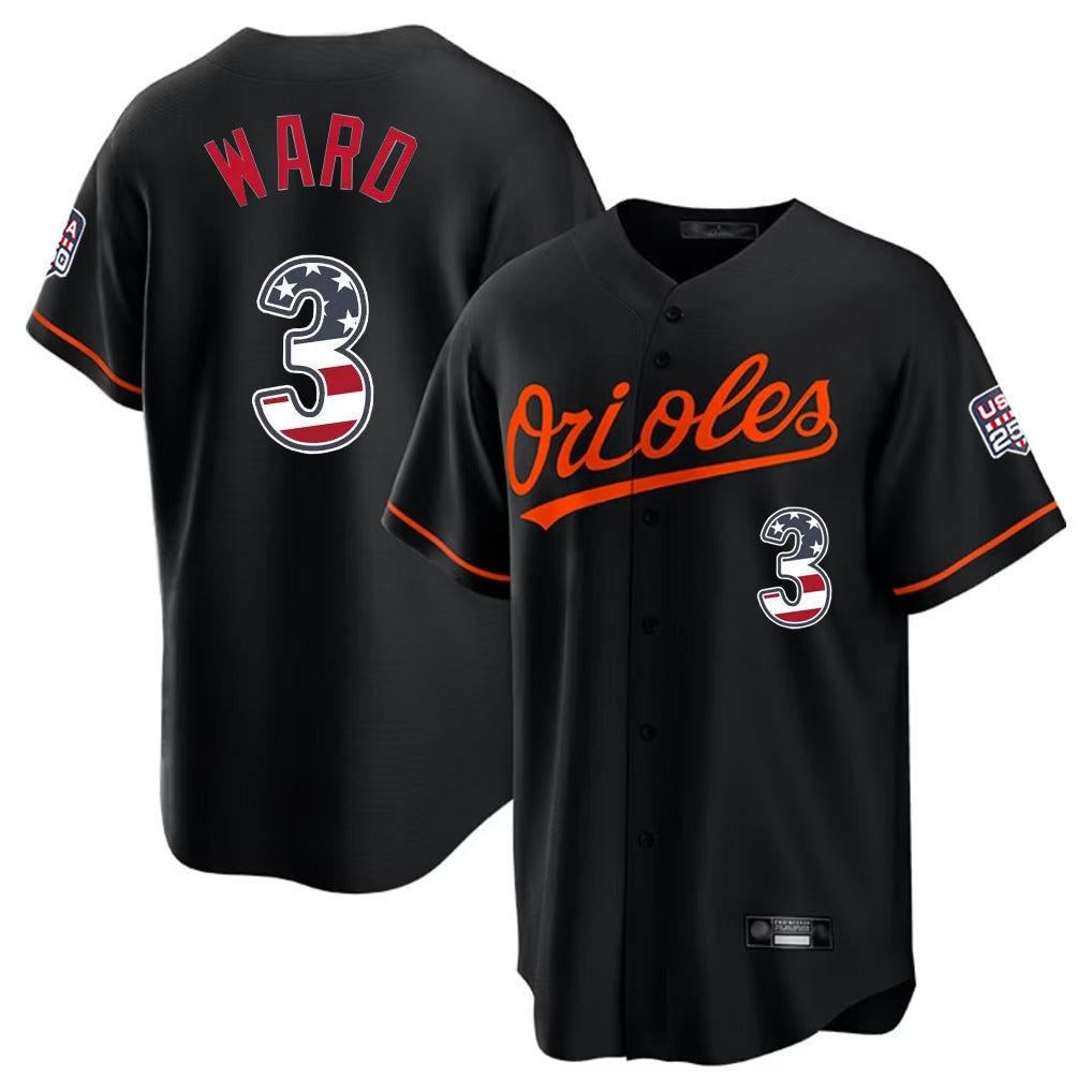 Elroe B.Orioles #3 Taylor Ward Player Black USA 250 Fourth of July Home Game Stitched Jerseys
