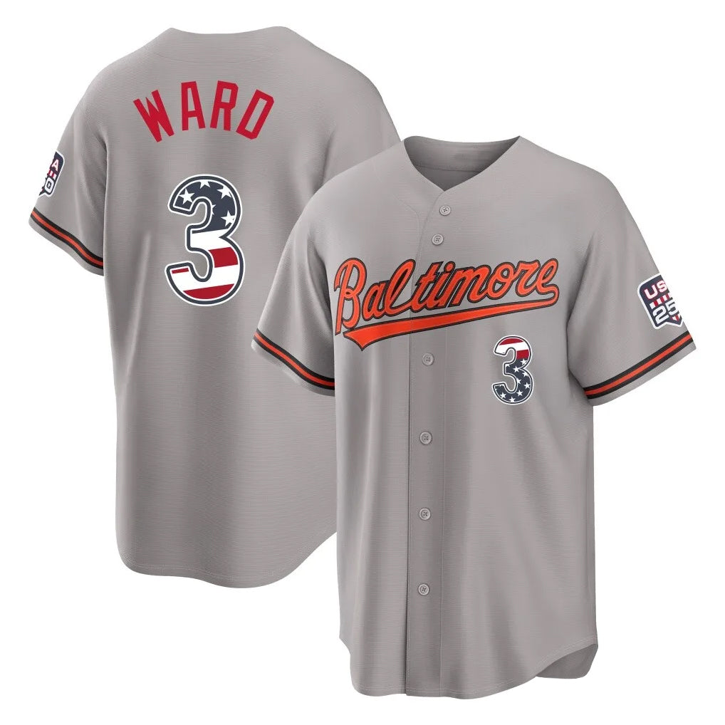 Elroe B.Orioles #3 Taylor Ward Player Gray USA 250 Fourth of July Home Game Stitched Jerseys