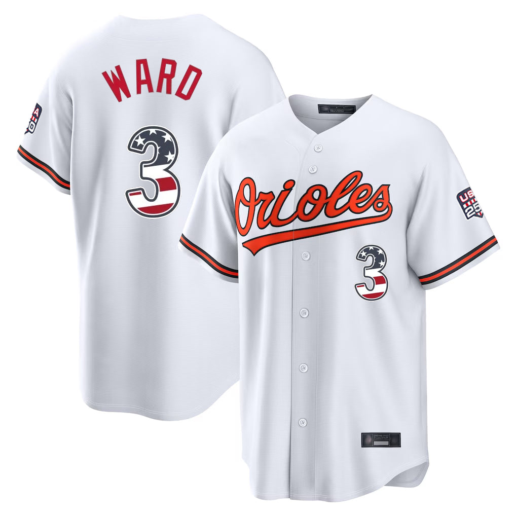 Elroe B.Orioles #3 Taylor Ward Player White USA 250 Fourth of July Home Game Stitched Jerseys