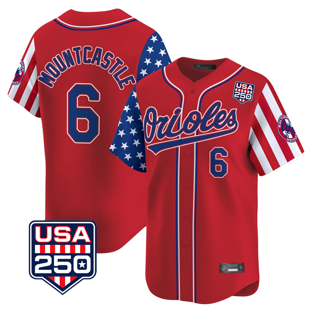Elroe B.Orioles #6 Ryan Mountcastle Player Red USA 250 Independence Day Vapor Premier Limited Home Game Stitched Jerseys