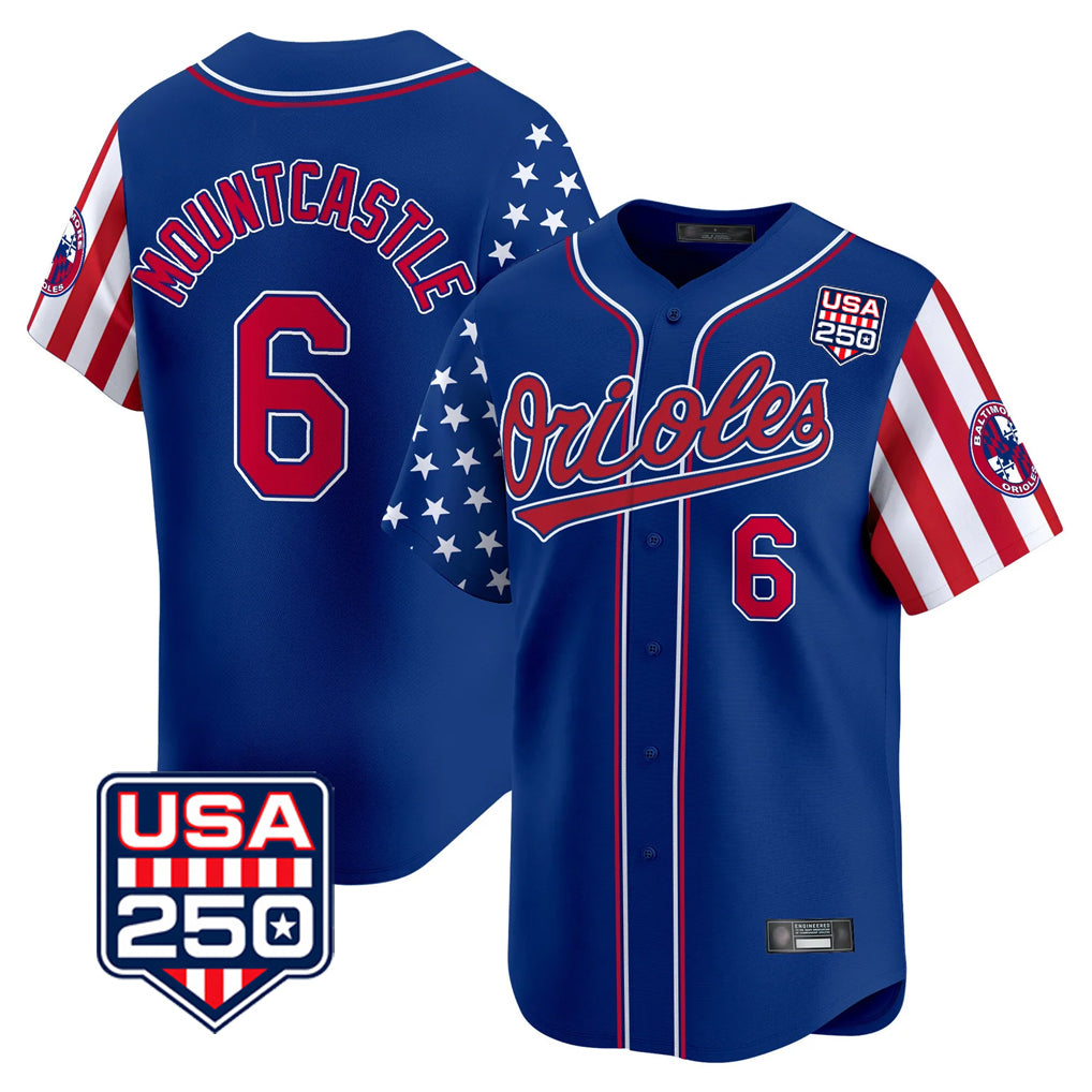 Elroe B.Orioles #6 Ryan Mountcastle Player Royal USA 250 Independence Day Vapor Premier Limited Home Game Stitched Jerseys