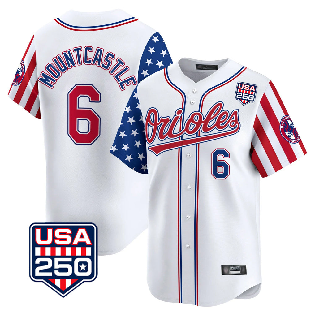 Elroe B.Orioles #6 Ryan Mountcastle Player White USA 250 Independence Day Vapor Premier Home Game Stitched Jerseys