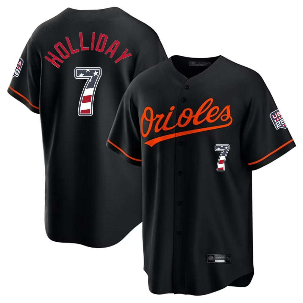 Elroe B.Orioles #7 Jackson Holliday Player Black USA 250 Fourth of July Home Game Stitched Jerseys