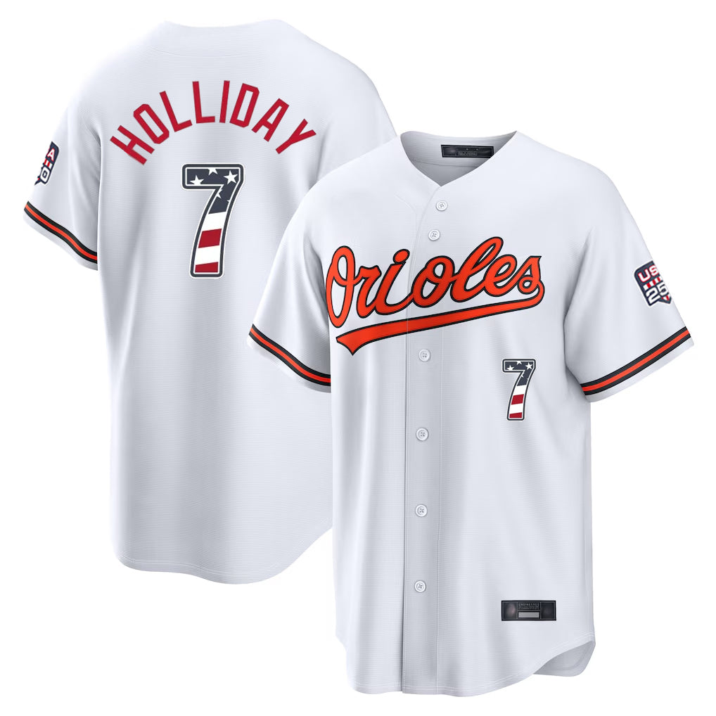Elroe B.Orioles #7 Jackson Holliday Player White USA 250 Fourth of July Home Game Stitched Jerseys