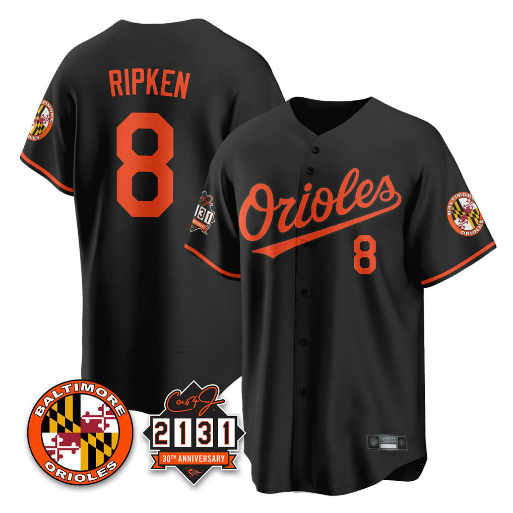 Elroe B.Orioles #8 Cal Ripken Player Black 30th Anniversary of 2131 Home Game Stitched Jerseys