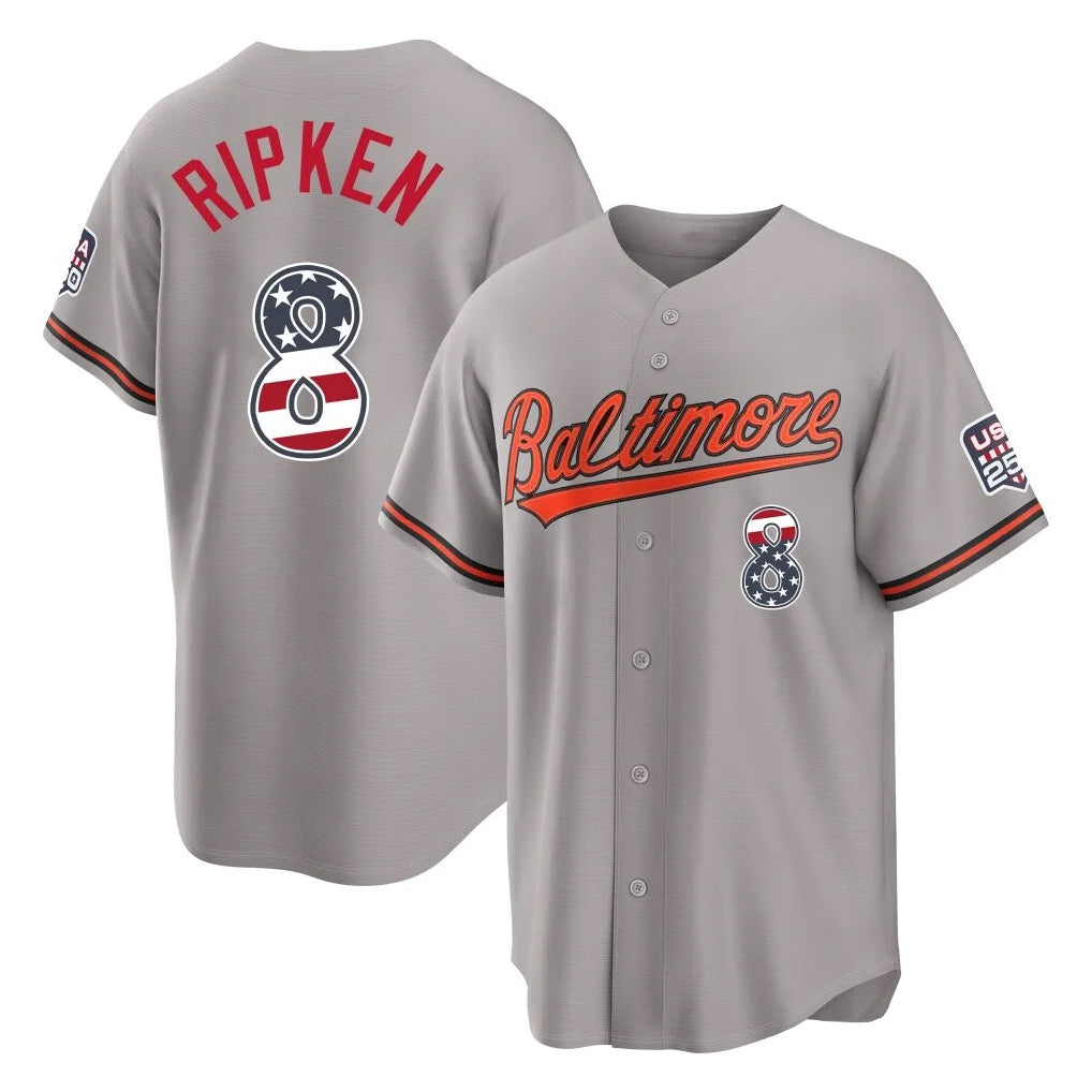 Elroe B.Orioles #8 Cal Ripken Player Gray USA 250 Fourth of July Home Game Stitched Jerseys