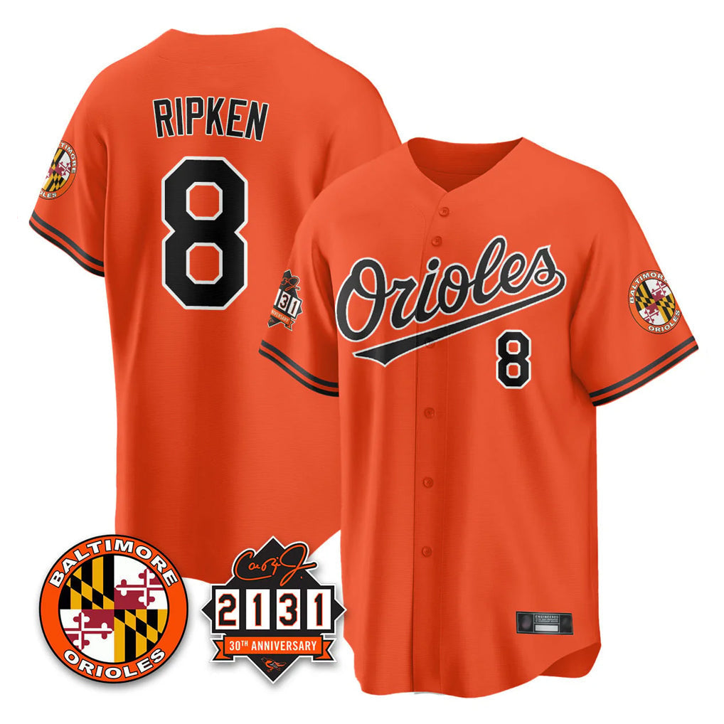 Elroe B.Orioles #8 Cal Ripken Player Orange 30th Anniversary of 2131 Home Game Stitched Jerseys