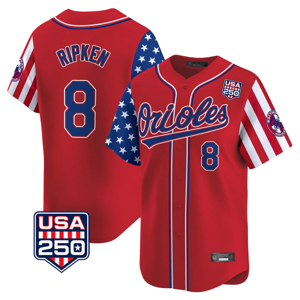 Elroe B.Orioles #8 Cal Ripken Player Red USA 250 Independence Day Vapor Premier Limited Home Game Stitched Jerseys