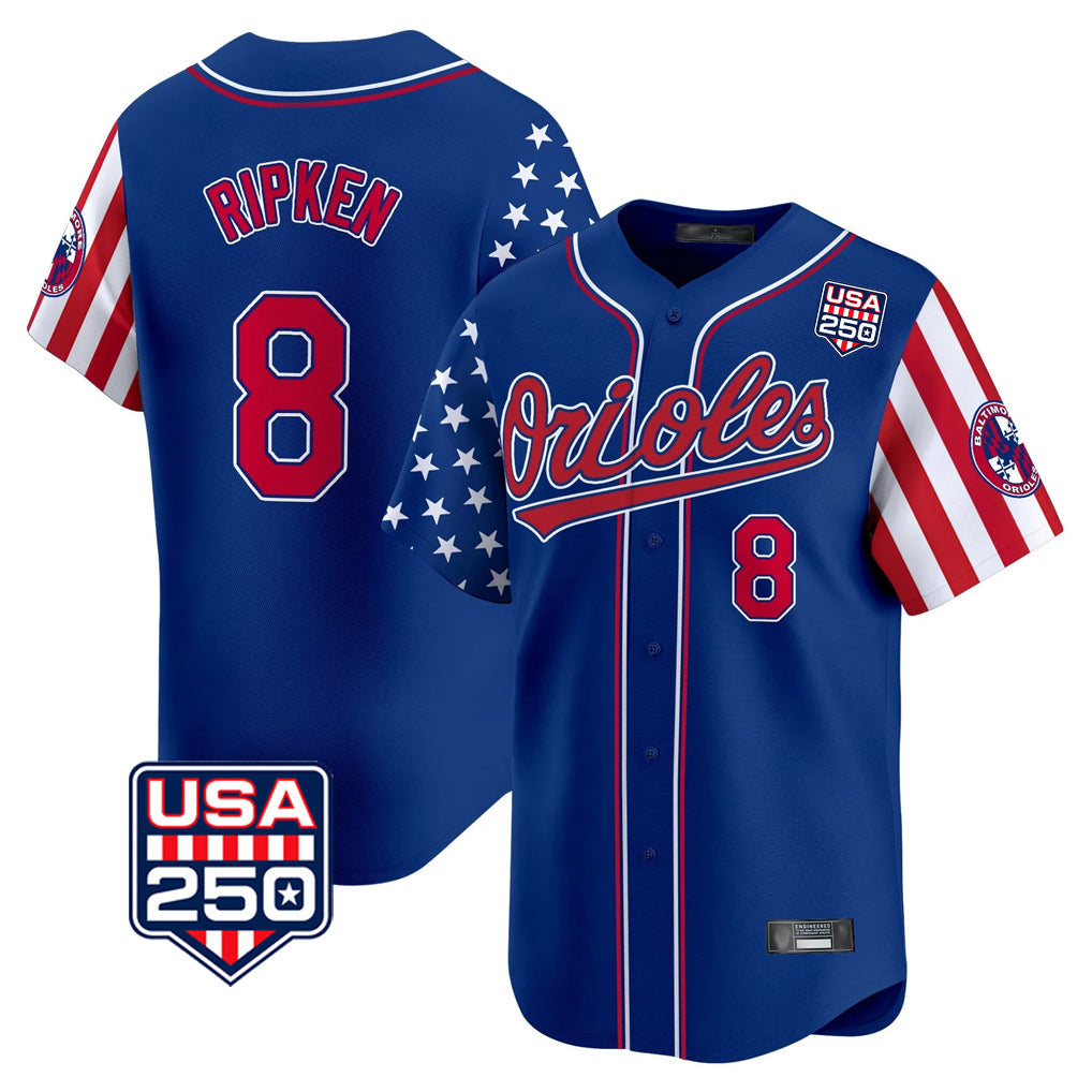 Elroe B.Orioles #8 Cal Ripken Player Royal USA 250 Independence Day Vapor Premier Limited Home Game Stitched Jerseys