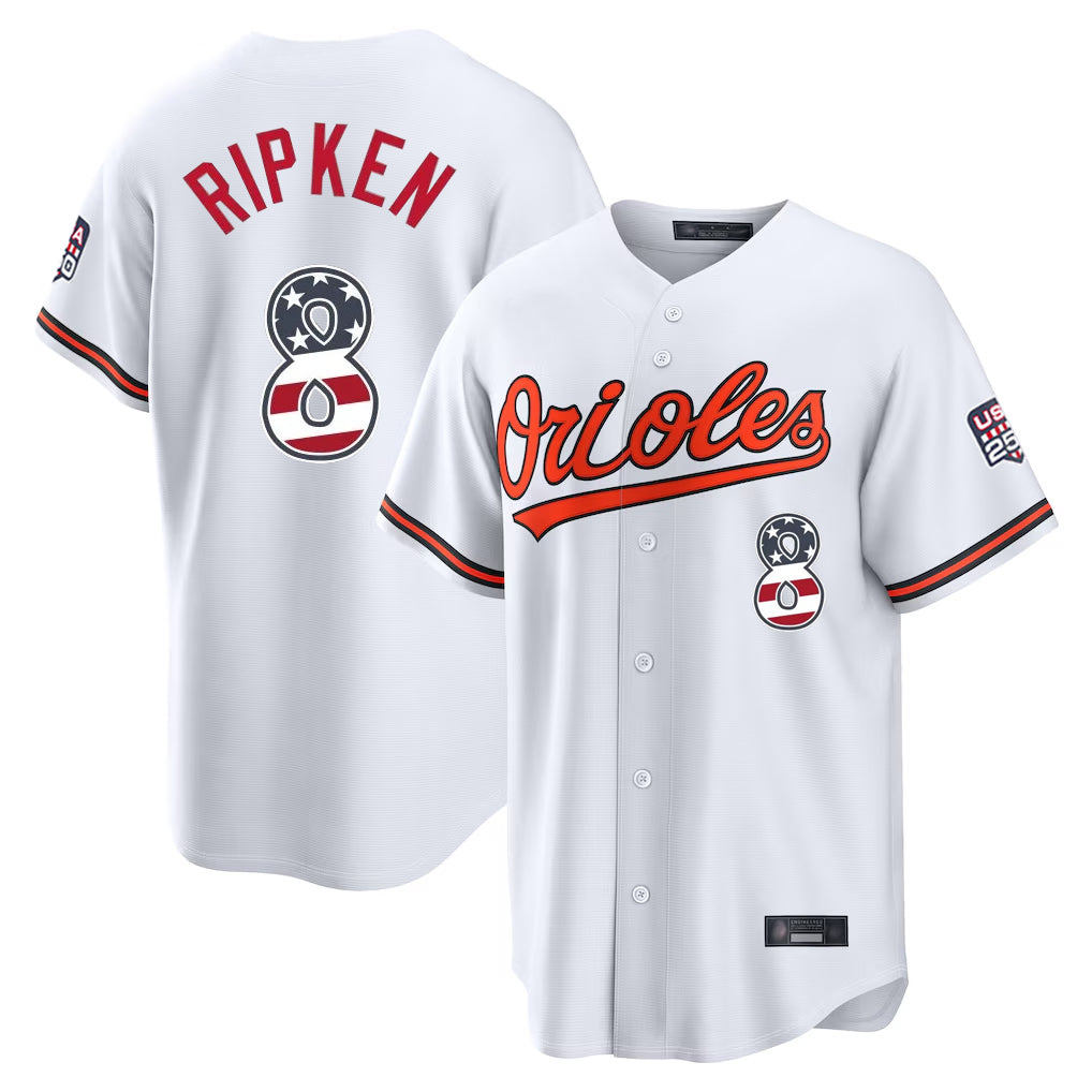 Elroe B.Orioles #8 Cal Ripken Player White USA 250 Fourth of July Home Game Stitched Jerseys