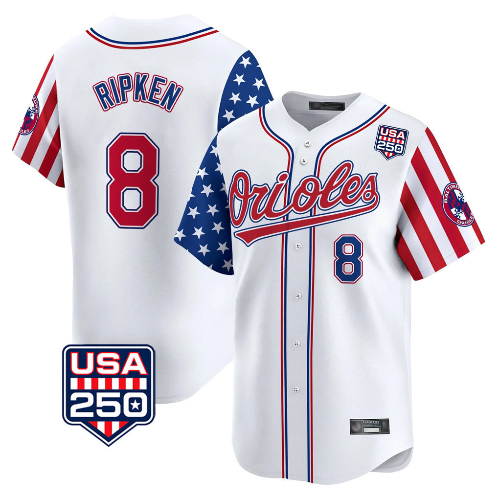Elroe B.Orioles #8 Cal Ripken Player White USA 250 Independence Day Vapor Premier Home Game Stitched Jerseys