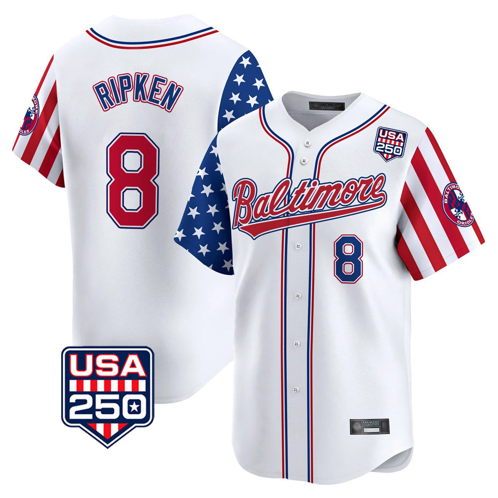 Elroe B.Orioles #8 Cal Ripken Player White USA 250 Independence Day Vapor Premier Limited Home Game Stitched Jerseys