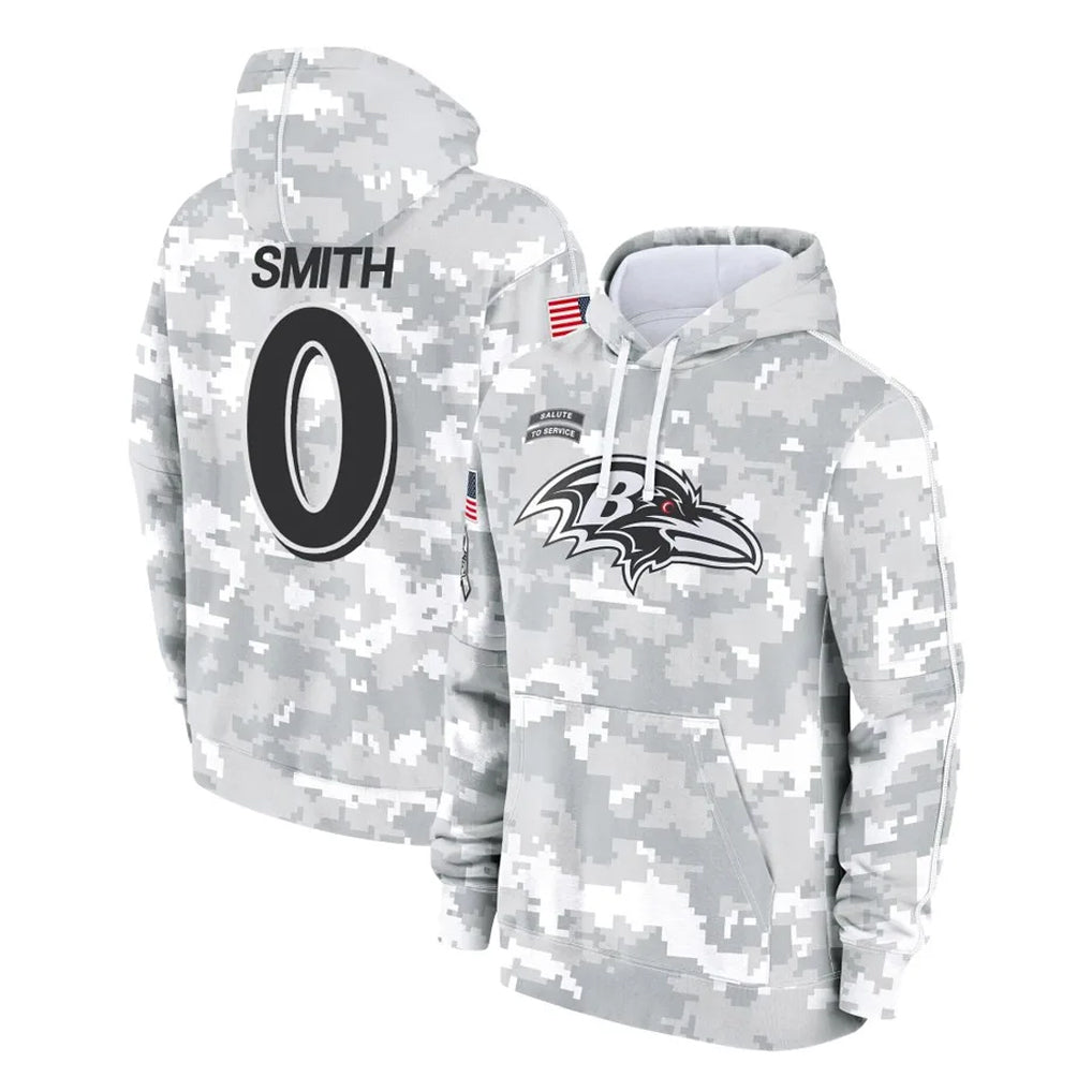 Elroe B.Ravens #0 Roquan Smith Player Arctic Camo Salute to Service Pullover Hoodie Stitched Jerseys