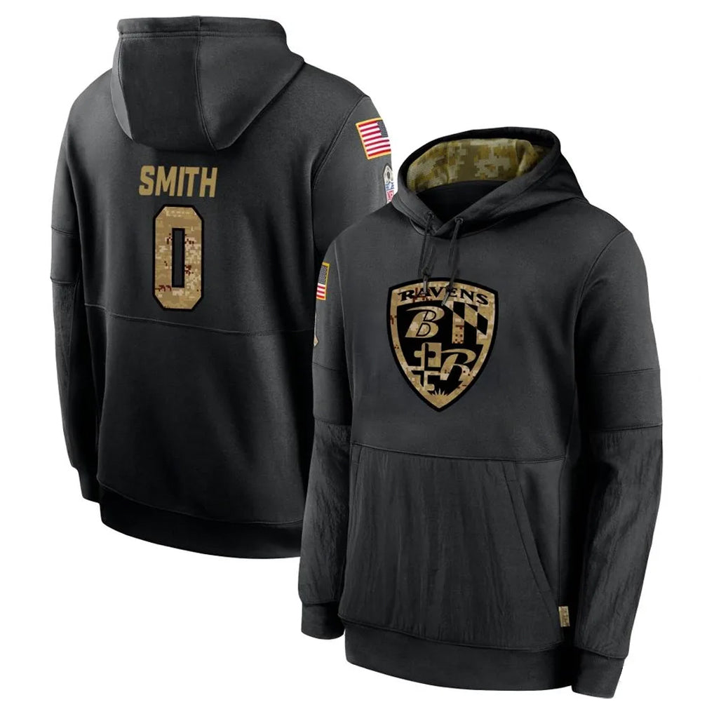 Elroe B.Ravens #0 Roquan Smith Player Black Salute to Service Pullover Hoodie Stitched Jerseys
