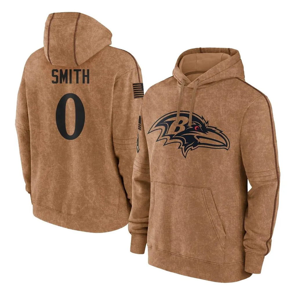 Elroe B.Ravens #0 Roquan Smith Player Brown Salute to Service Pullover Hoodie Stitched Jerseys