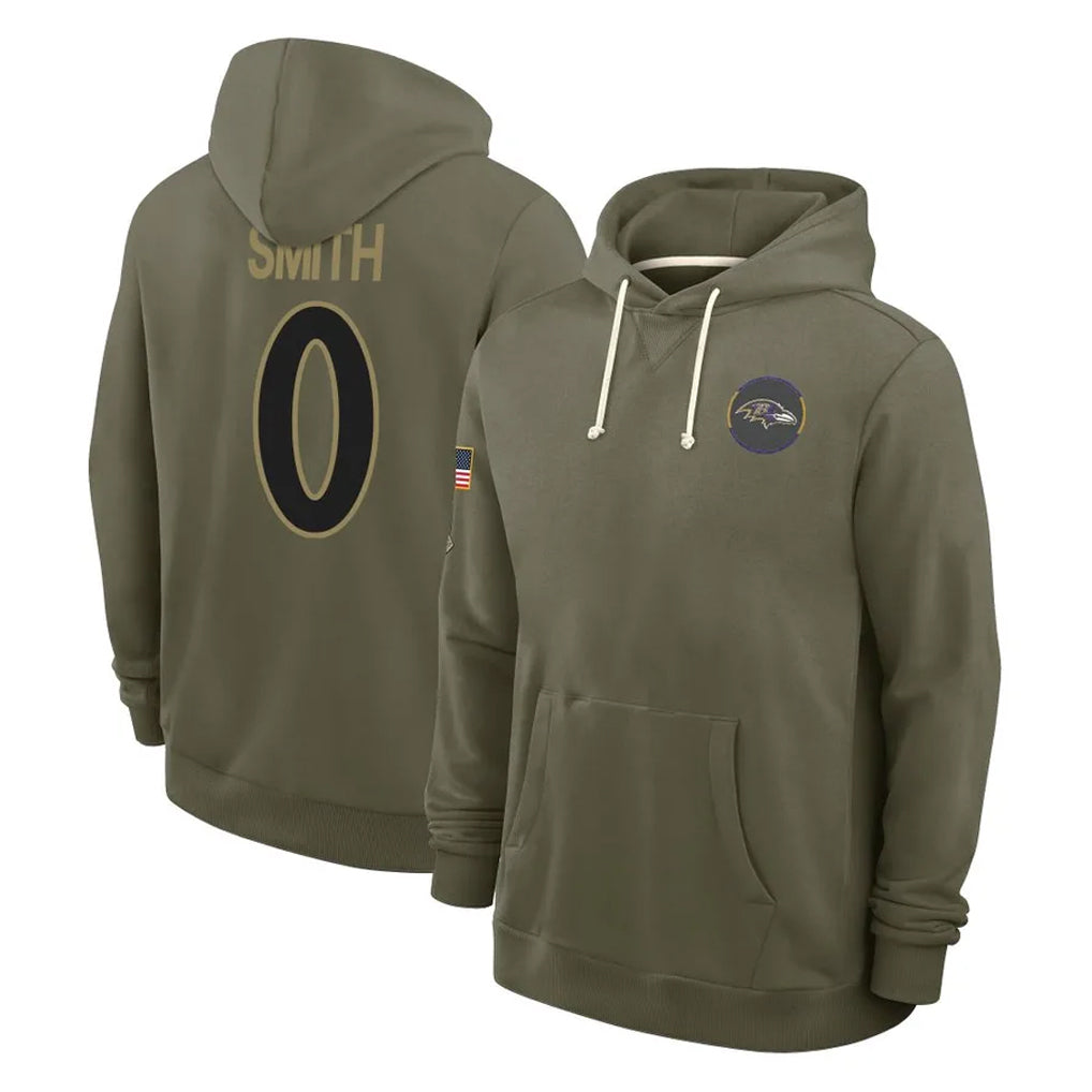 Elroe B.Ravens #0 Roquan Smith Player Olive Salute to Service Hoodie Stitched Jerseys