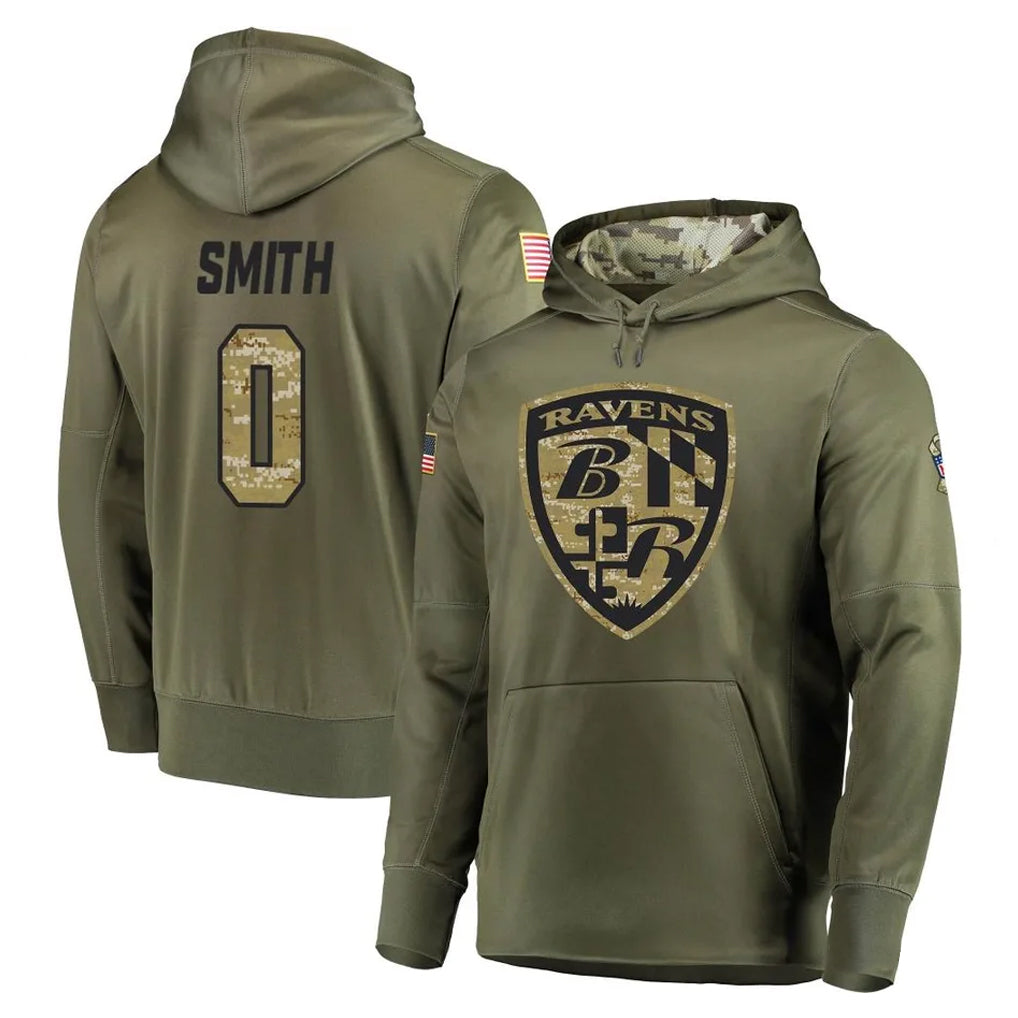 Elroe B.Ravens #0 Roquan Smith Player Olive Salute to Service Pullover Hoodie Stitched Jerseys