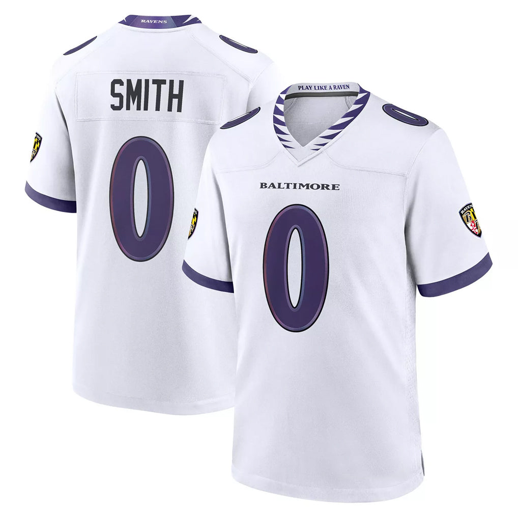Elroe B.Ravens #0 Roquan Smith Player White Purple Home Game Stitched Jerseys