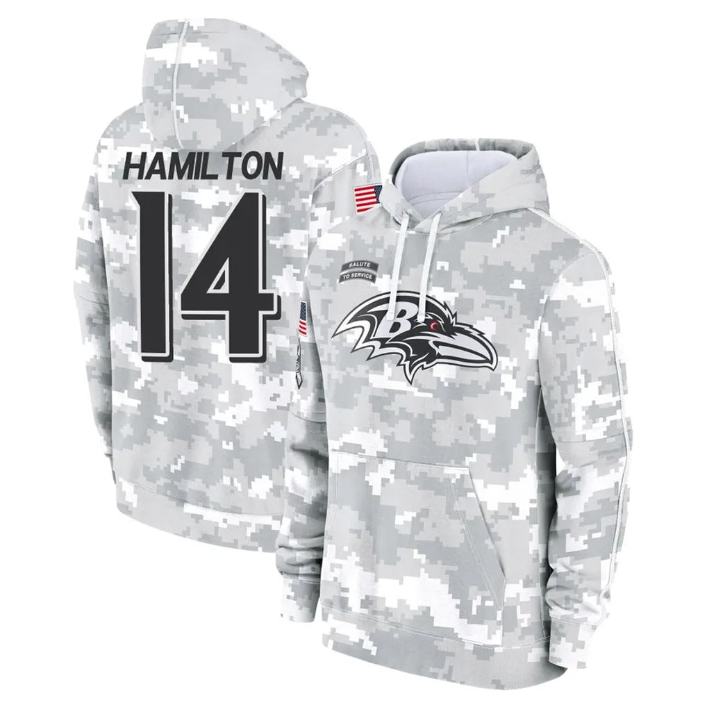 Elroe B.Ravens #14 Kyle Hamilton Player Arctic Camo Salute to Service Pullover Hoodie Stitched Jerseys