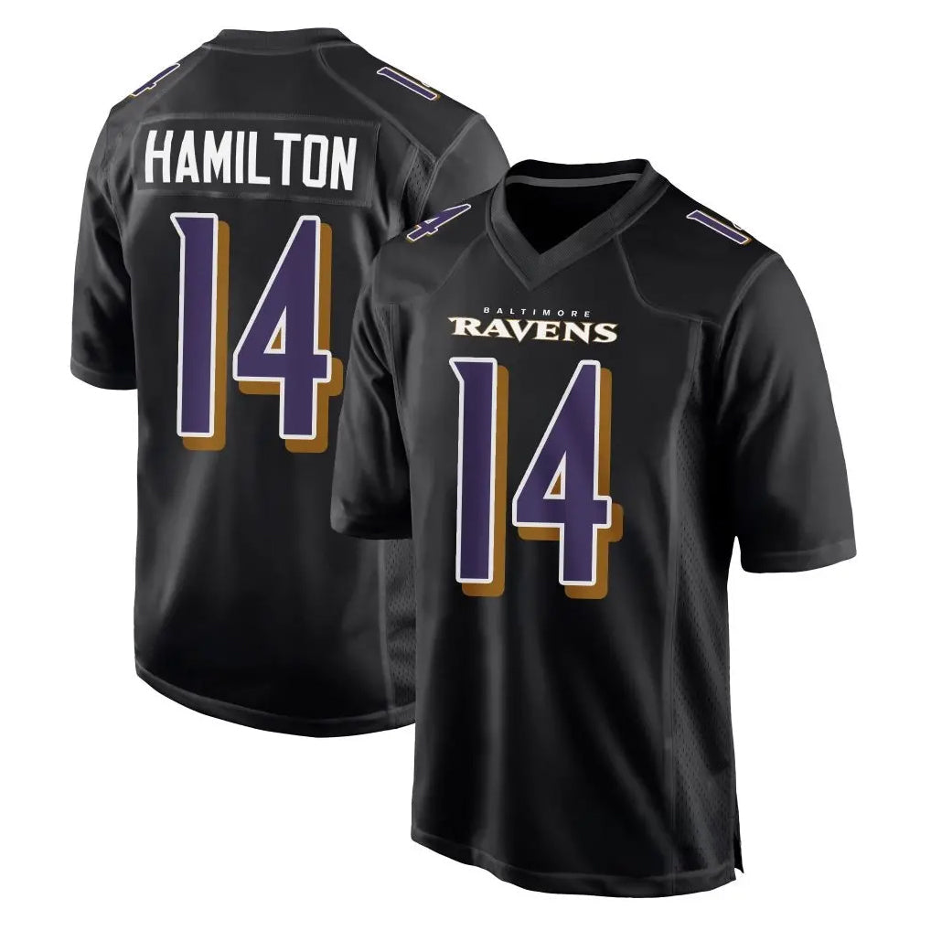 Elroe B.Ravens #14 Kyle Hamilton Player Black Carbon Fashion Game Home Stitched Jerseys