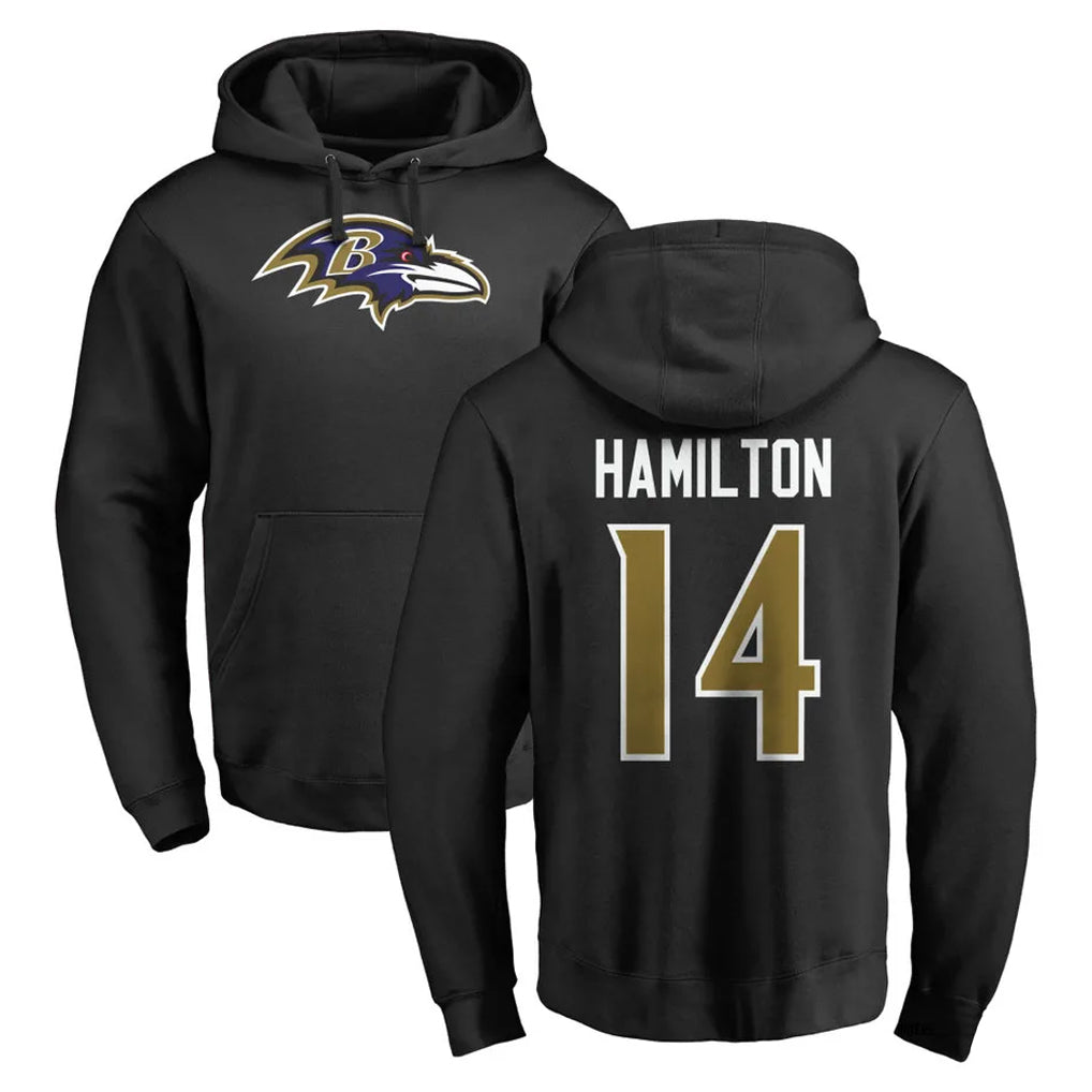 Elroe B.Ravens #14 Kyle Hamilton Player Black Pullover Hoodie Stitched Jerseys