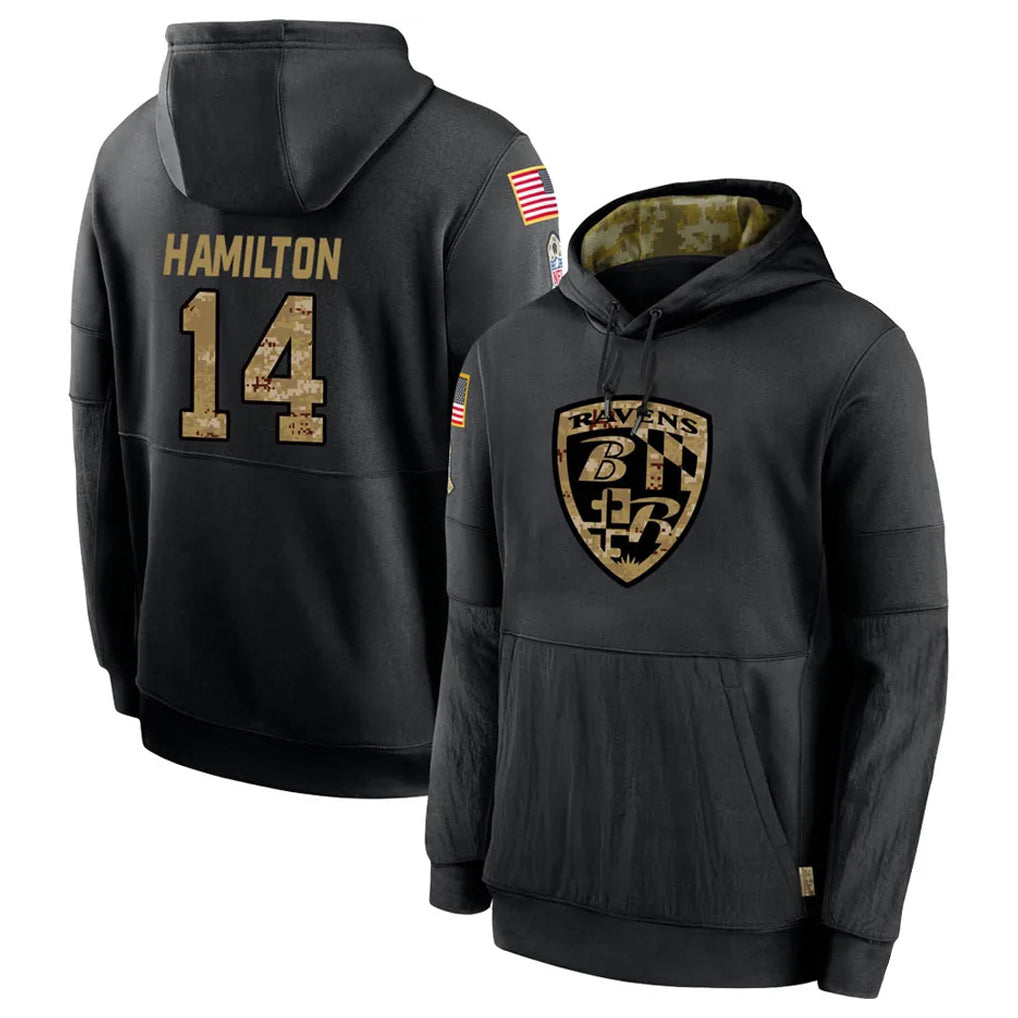 Elroe B.Ravens #14 Kyle Hamilton Player Black Salute to Service Pullover Hoodie Stitched Jerseys