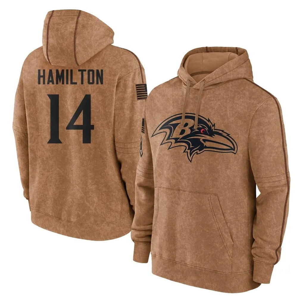 Elroe B.Ravens #14 Kyle Hamilton Player Brown Salute to Service Pullover Hoodie Stitched Jerseys