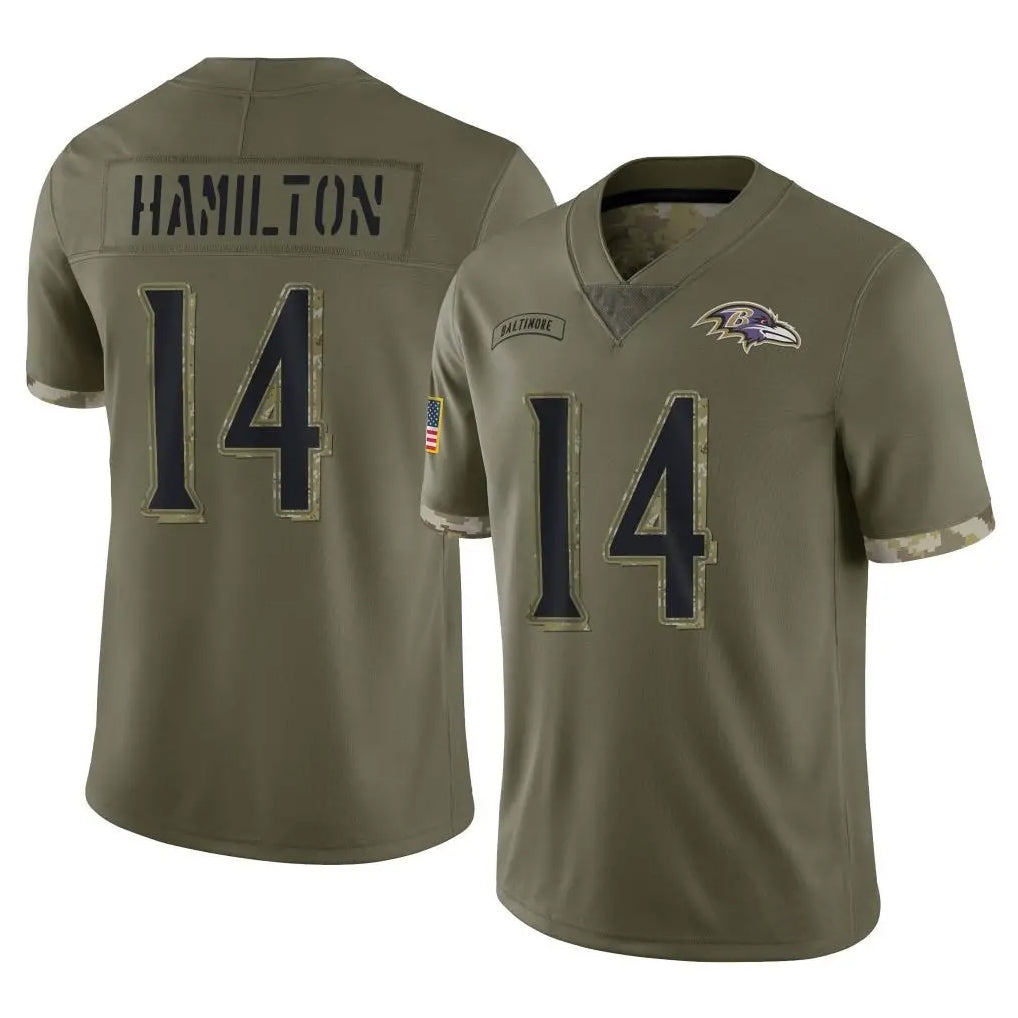 Elroe B.Ravens #14 Kyle Hamilton Player Olive Salute To Service Game Stitched Jerseys