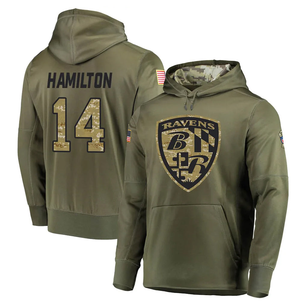 Elroe B.Ravens #14 Kyle Hamilton Player Olive Salute to Service Pullover Hoodie Stitched Jerseys
