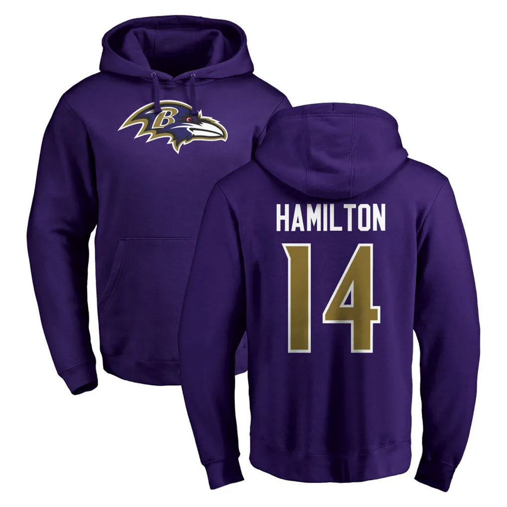 Elroe B.Ravens #14 Kyle Hamilton Player Purple Salute to Service Pullover Hoodie Stitched Jerseys