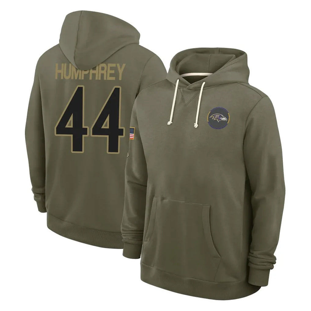 Elroe B.Ravens #44 Marlon Humphrey Player Olive Salute to Service Hoodie Stitched Jerseys