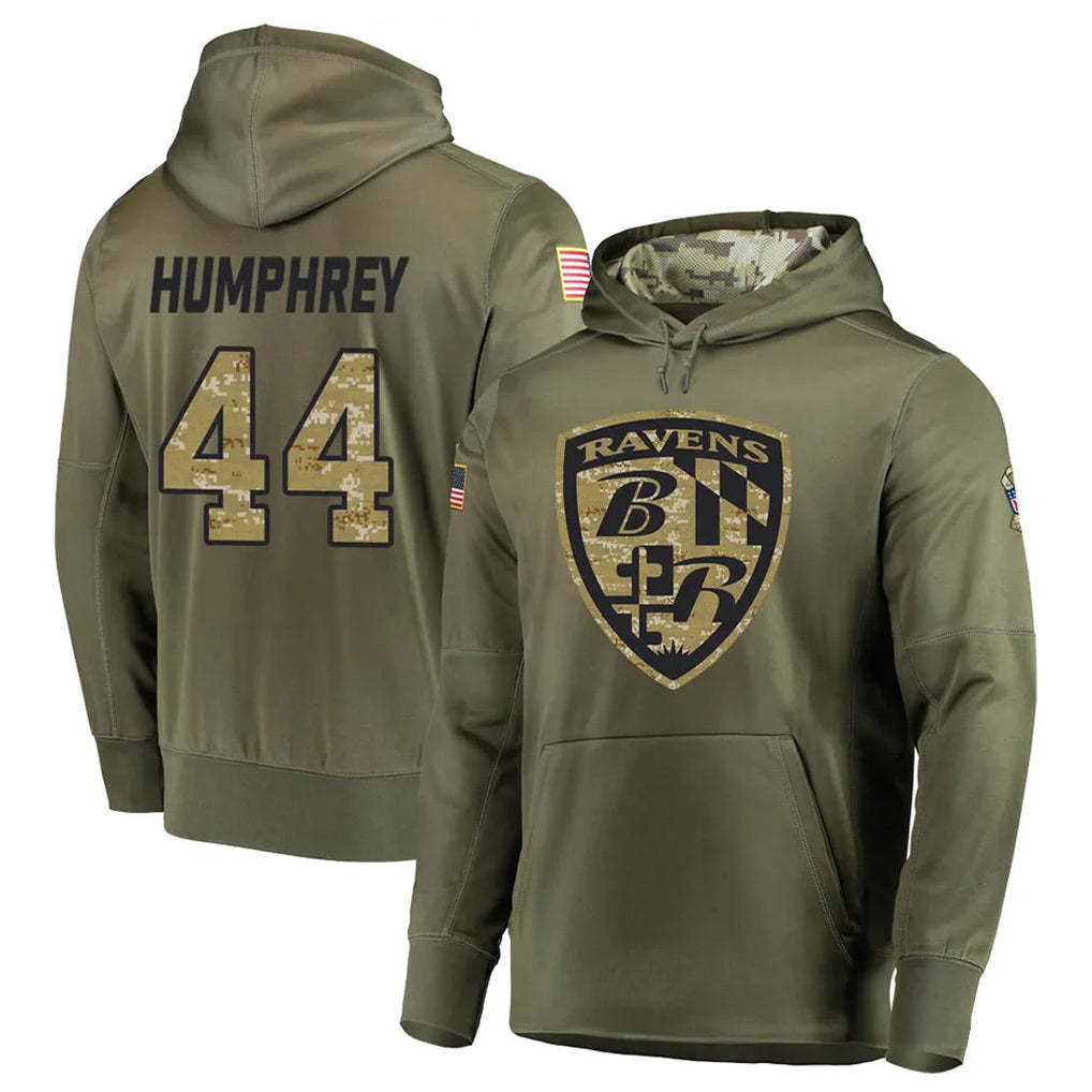 Elroe B.Ravens #44 Marlon Humphrey Player Olive Salute to Service Pullover Hoodie Stitched Jerseys