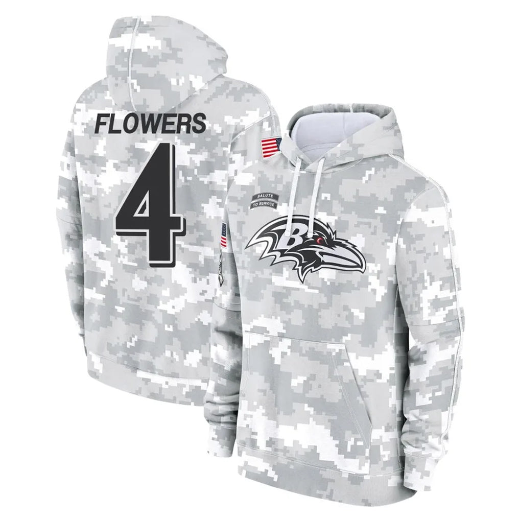 Elroe B.Ravens #4 Zay Flowers Player Arctic Camo Salute to Service Pullover Hoodie Stitched Jerseys