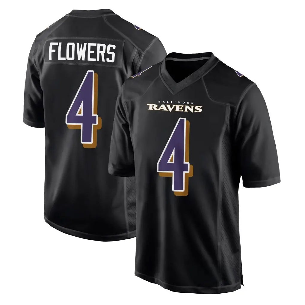 Elroe B.Ravens #4 Zay Flowers Player Black Carbon Fashion Home Game Stitched Jerseys