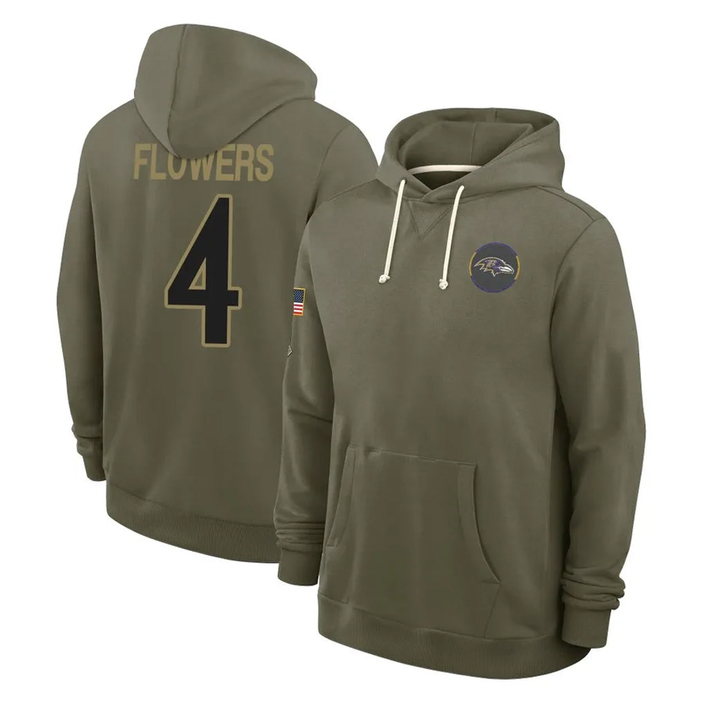 Elroe B.Ravens #4 Zay Flowers Player Olive Salute to Service Hoodie Stitched Jerseys