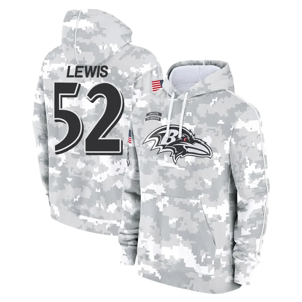 Elroe B.Ravens #52 Ray Lewis Player Arctic Camo Salute To Service Hoodie Stitched Jerseys