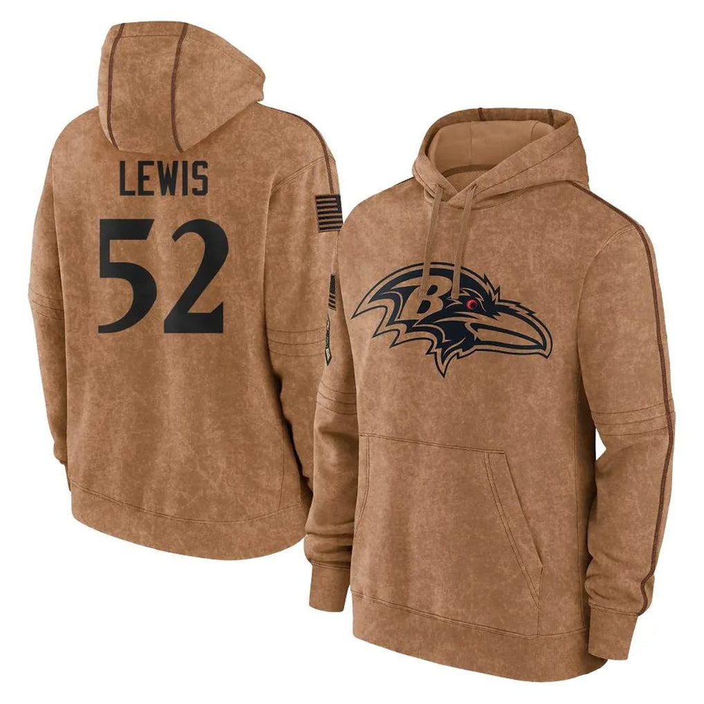 Elroe B.Ravens #52 Ray Lewis Player Brown Salute to Service Pullover Hoodie Stitched Jerseys