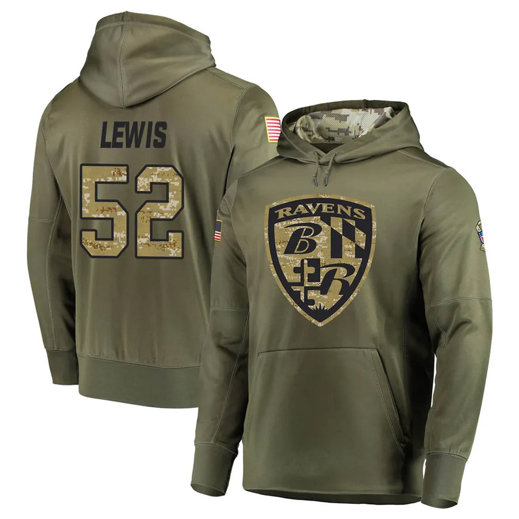 Elroe B.Ravens #52 Ray Lewis Player Olive Salute to Service Pullover Hoodie Stitched Jerseys