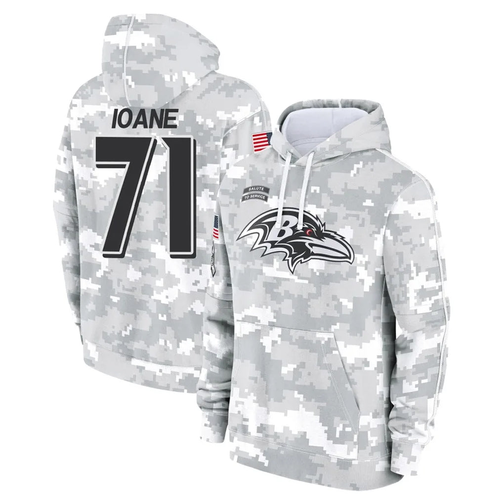 Elroe B.Ravens #71 Olaivavega Ioane Player Arctic Camo Salute To Service Hoodie Stitched Jerseys