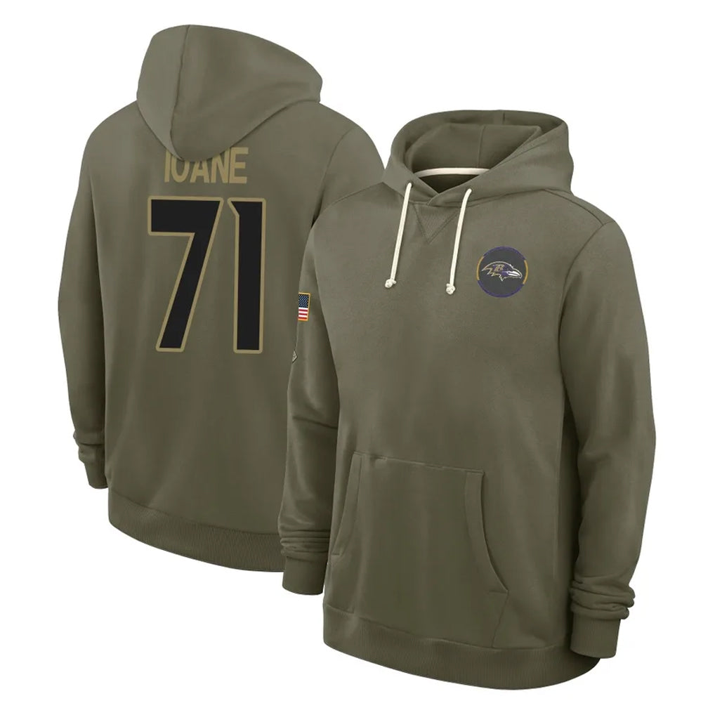Elroe B.Ravens #71 Olaivavega Ioane Player Olive Salute to Service Hoodie Stitched Jerseys