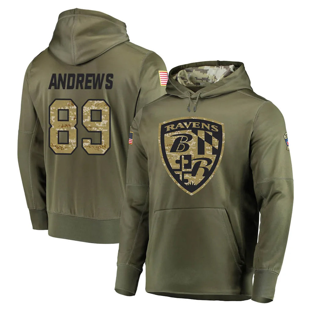 Elroe B.Ravens #89 Mark Andrews Ioane Player Olive Salute to Service Pullover Hoodie Stitched Jerseys