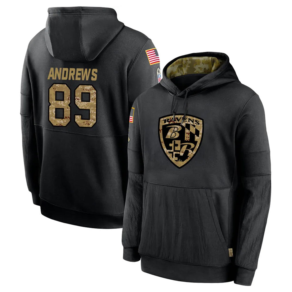 Elroe B.Ravens #89 Mark Andrews Player Black Salute to Service Pullover Hoodie Stitched Jerseys