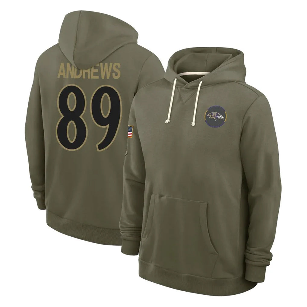 Elroe B.Ravens #89 Mark Andrews Player Olive Salute to Service Hoodie Stitched Jerseys
