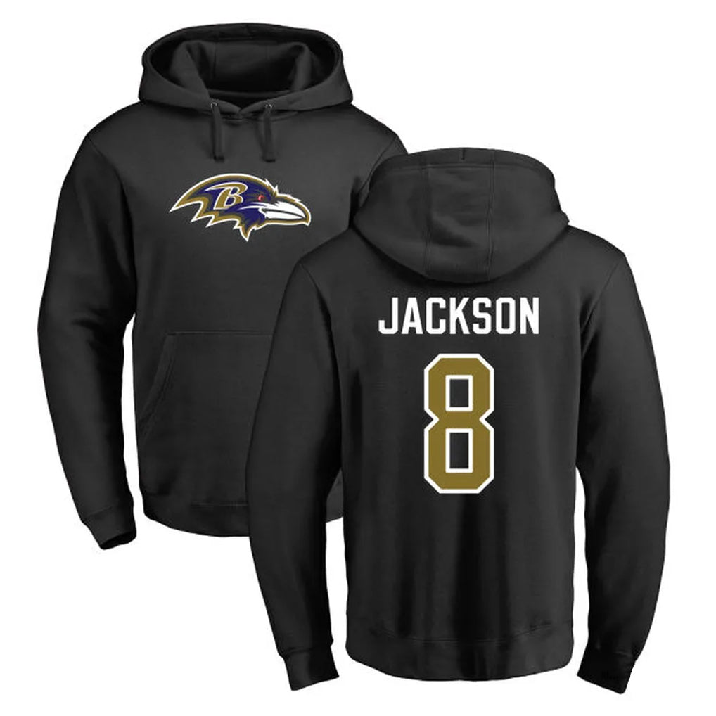 Elroe B.Ravens #8 Lamar Jackson Player Black Pullover Hoodie Stitched Jerseys