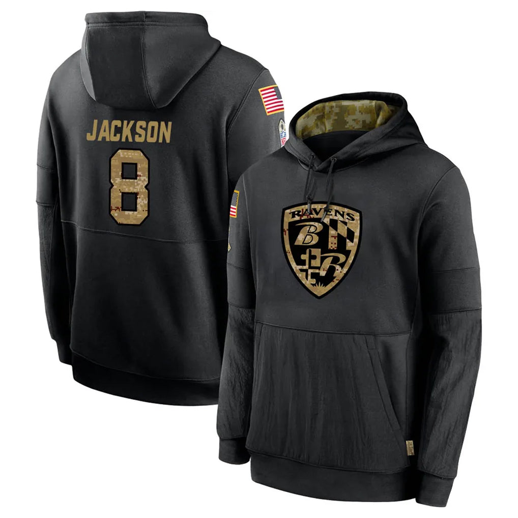 Elroe B.Ravens #8 Lamar Jackson Player Black Salute to Service Pullover Hoodie Stitched Jerseys