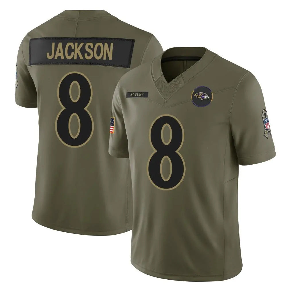 Elroe B.Ravens #8 Lamar Jackson Player Olive Salute To Service Limited Home Game Stitched Jerseys