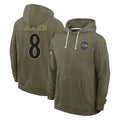 Elroe B.Ravens #8 Lamar Jackson Player Olive Salute to Service Hoodie Stitched Jerseys