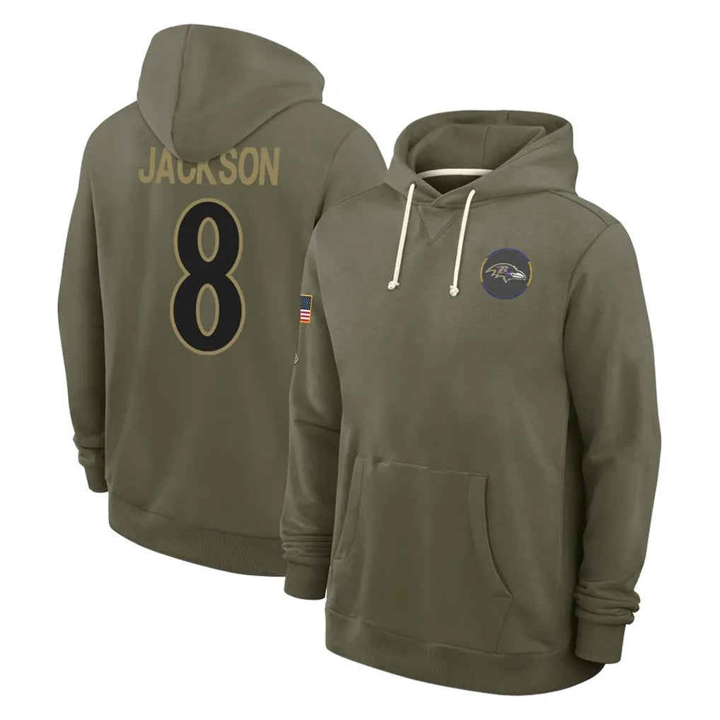 Elroe B.Ravens #8 Lamar Jackson Player Olive Salute to Service Hoodie Stitched Jerseys
