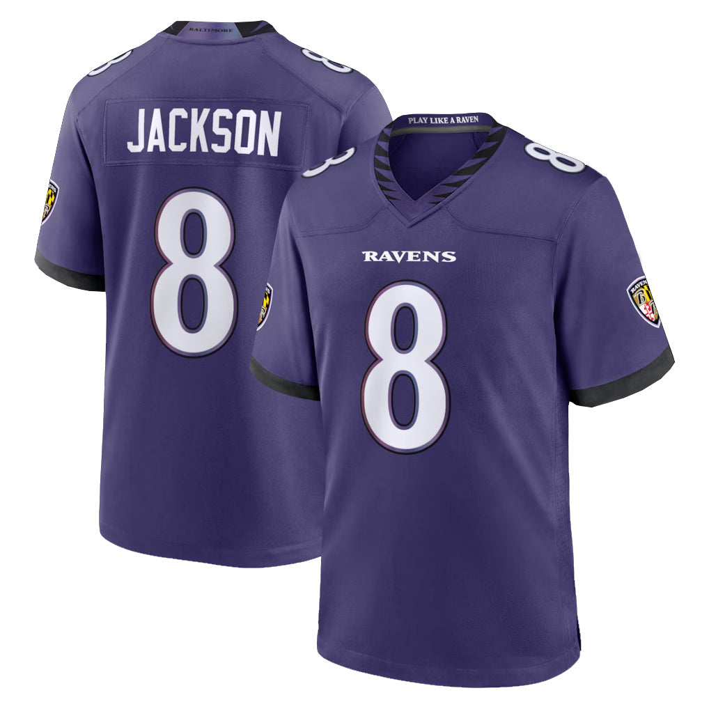 Elroe B.Ravens #8 Lamar Jackson Player Purple Home Game Stitched Jerseys